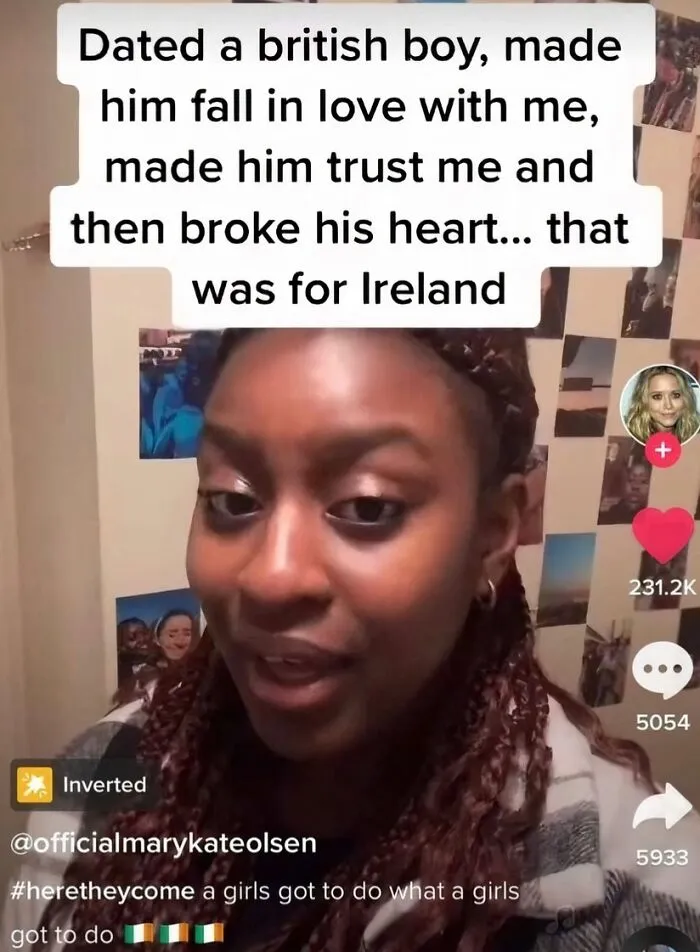 A woman sharing a story about dating a boy as one of the funny British memes.