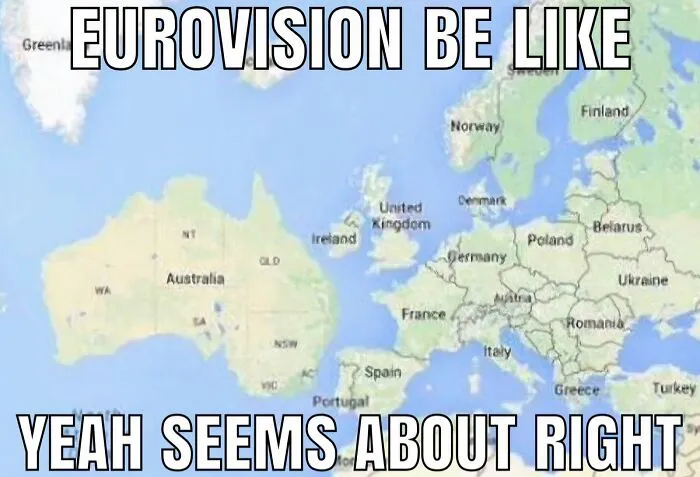 A map depicting Australia placed in the middle of Europe as one of the humorous British Memes