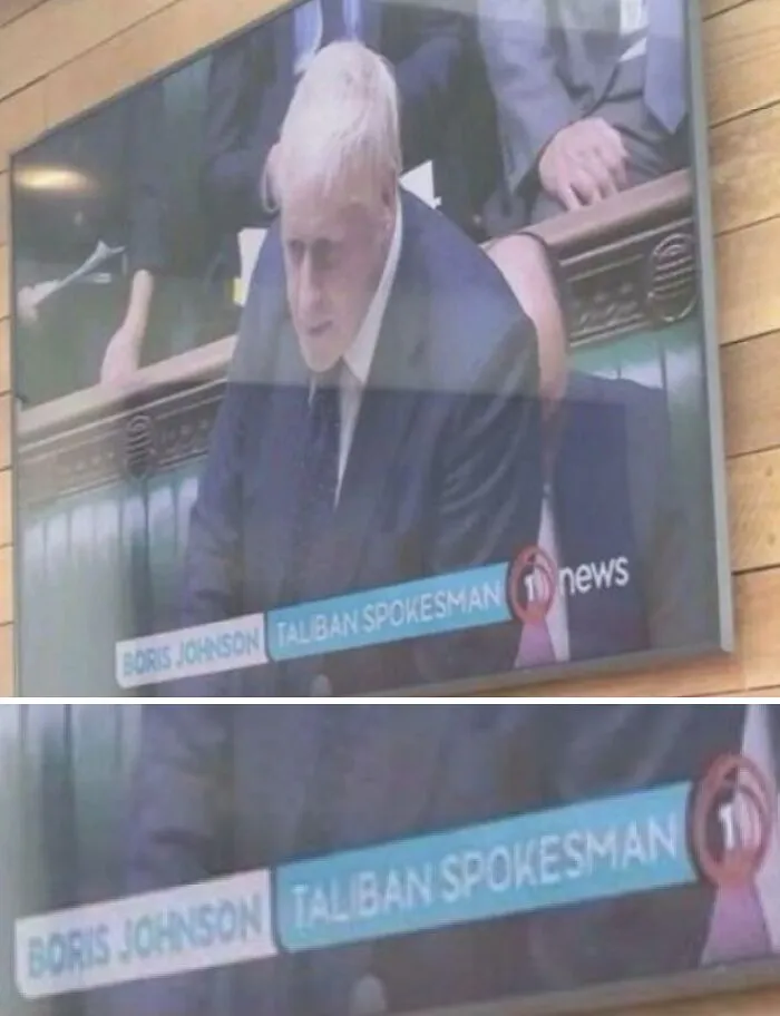News broadcast screenshot showing Boris Johnson with a Taliban Spokesman banner, a classic in British memes