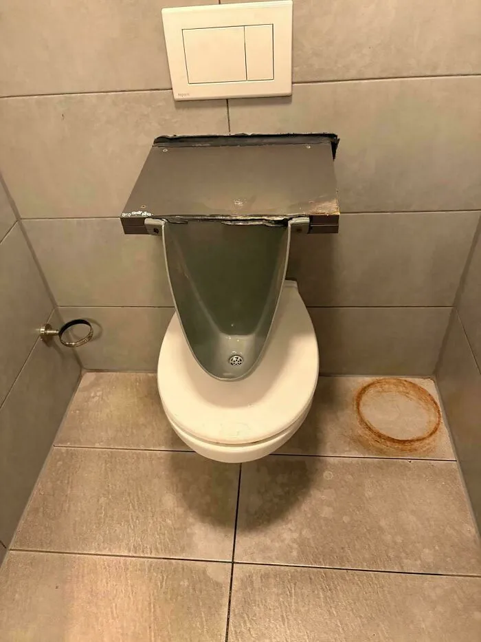 An unusual combination of a toilet and urinal, highlighting a bizarre home renovation project.