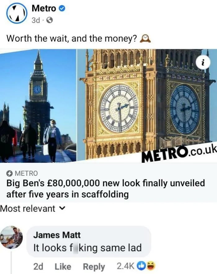 A Facebook post and funny comment about Big Ben from a collection of British memes.