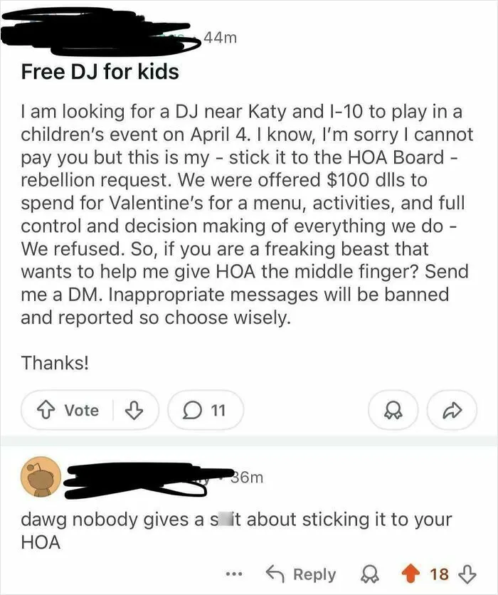 A message request from entitled people asking for a free DJ to spite their HOA board.