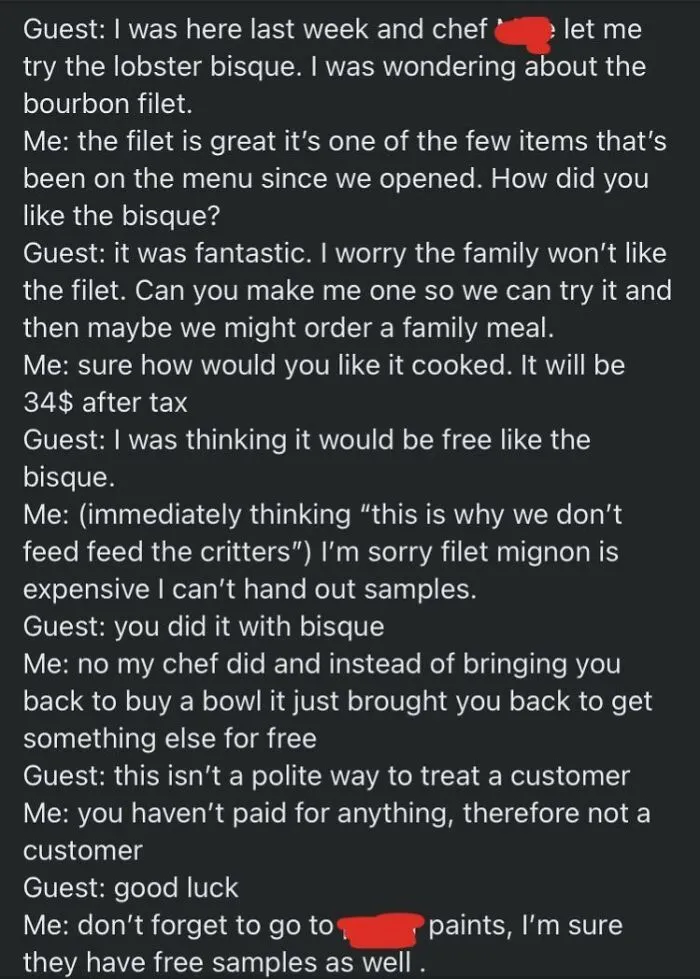 A chat screenshot showing entitled people demanding free expensive food samples from a restaurant employee.
