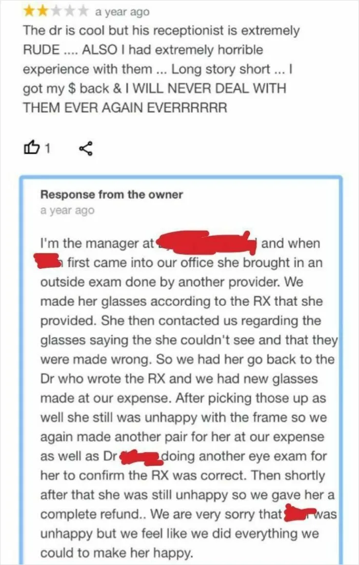 A review and owner response showcasing entitled people complaining after receiving free services.