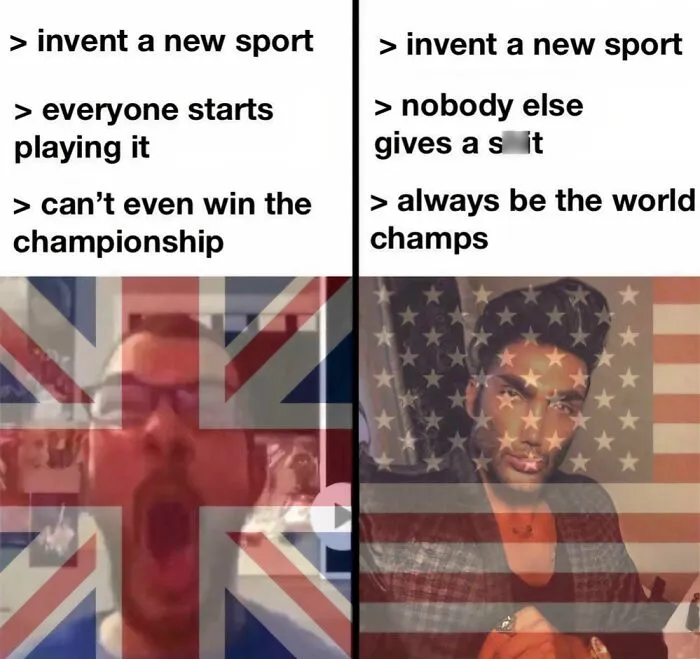 A side-by-side meme comparing sports inventions in the UK and US, illustrating British memes