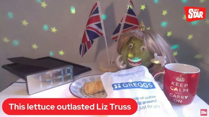 A picture of the famous lettuce dressed up with Union Jack flags, depicting political British memes