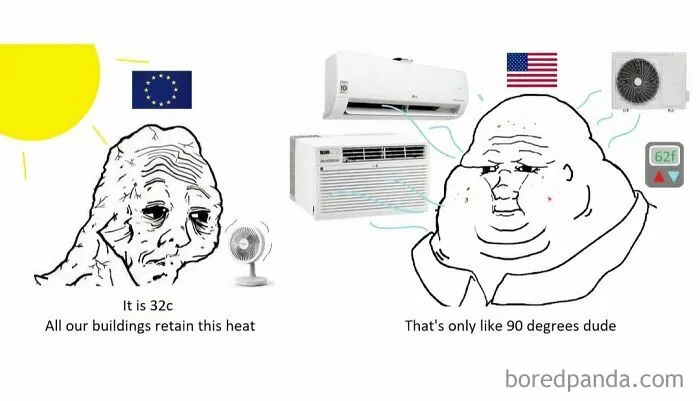 Meme comparing European heat waves with US air conditioning, a popular topic in British memes