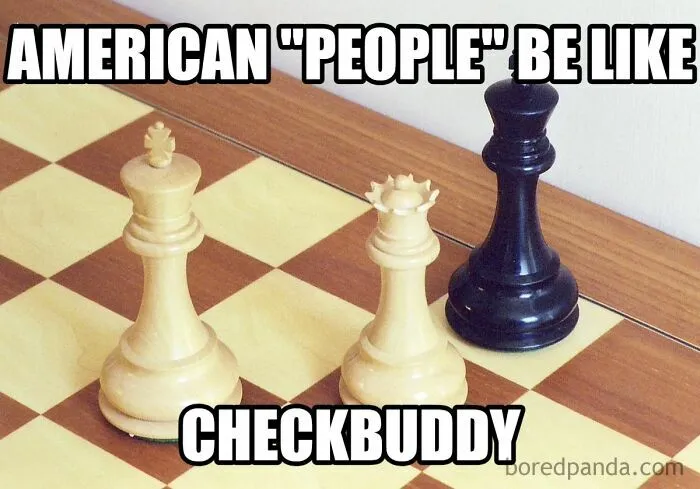 Chess pieces highlighting checkbuddy text, representing British memes mocking American terms