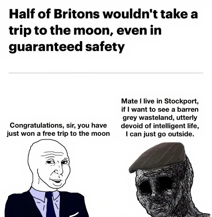 Wojak meme showing a joke about Stockport as part of a series of funny British Memes