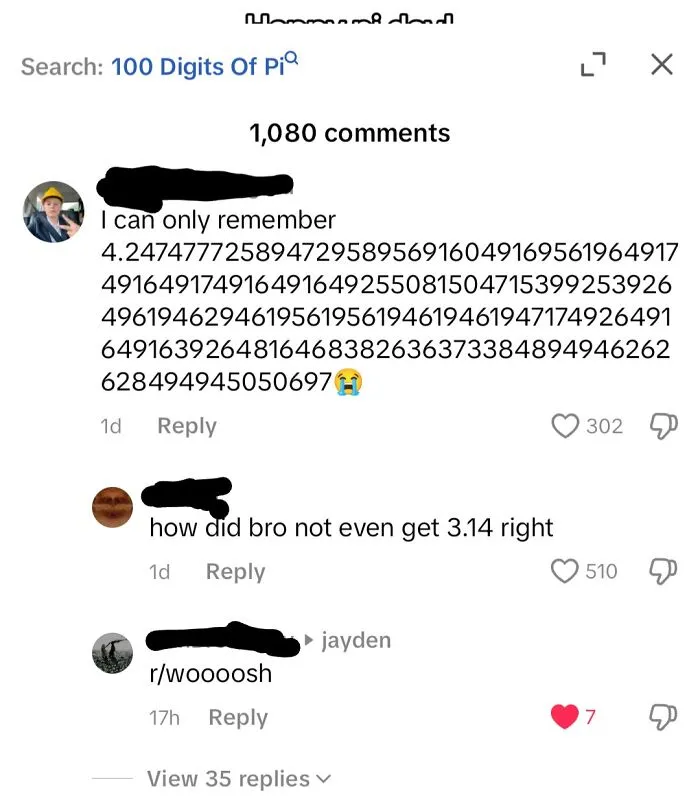 A social media thread showing a user who corrected an obvious joke about the digits of Pi.