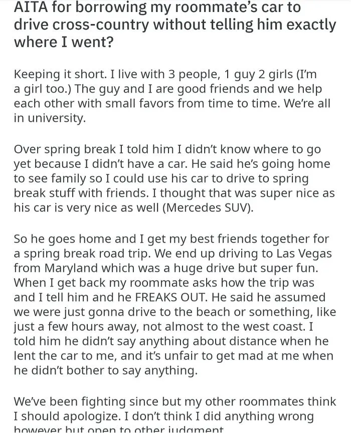 An AITA Reddit post highlighting roommate stories regarding borrowing a car for a road trip