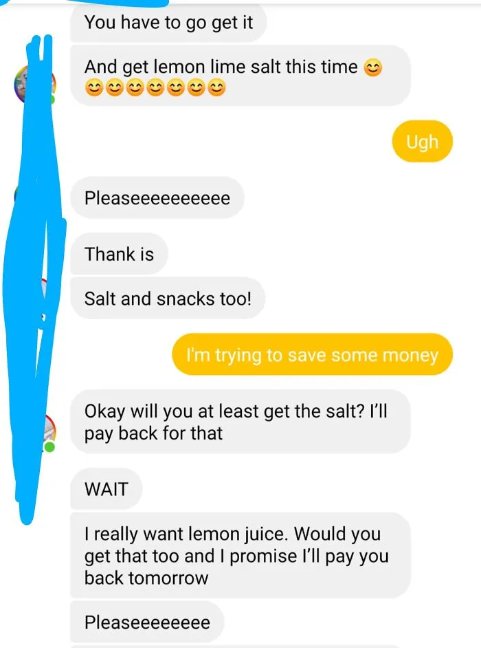 Text messages of a roommate asking to buy snacks showing annoying roommate stories