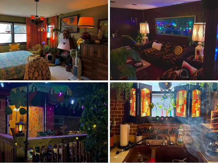 Cozy retro-style rooms with mood lighting, stained glass details, and vintage decor after a home makeover.