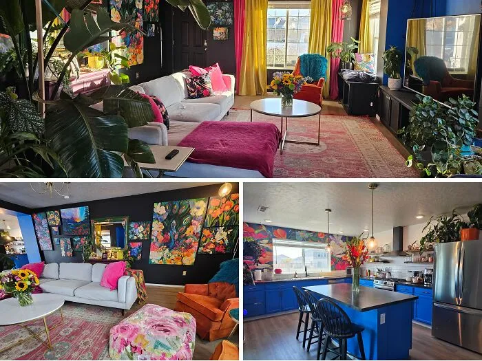 Maximalist home makeover featuring colorful artwork, vibrant curtains, and bright blue kitchen cabinets.