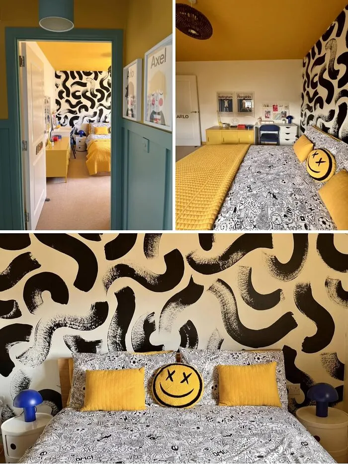 Modern bedroom with yellow accents and abstract wall patterns from a home makeover.