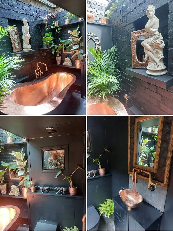 A moody dark home makeover featuring a copper bathtub and lush indoor plants