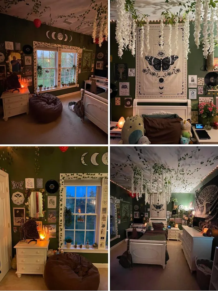 Four views of a bedroom home makeover decorated with green walls, hanging artificial vines, and cozy lighting.