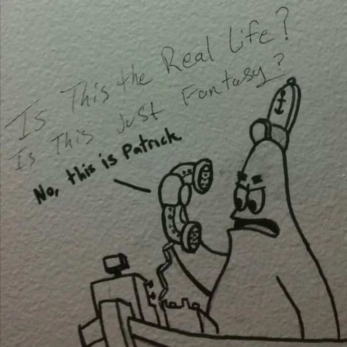 Vandalism showing a clever Patrick Star graffiti drawing with a funny SpongeBob reference.