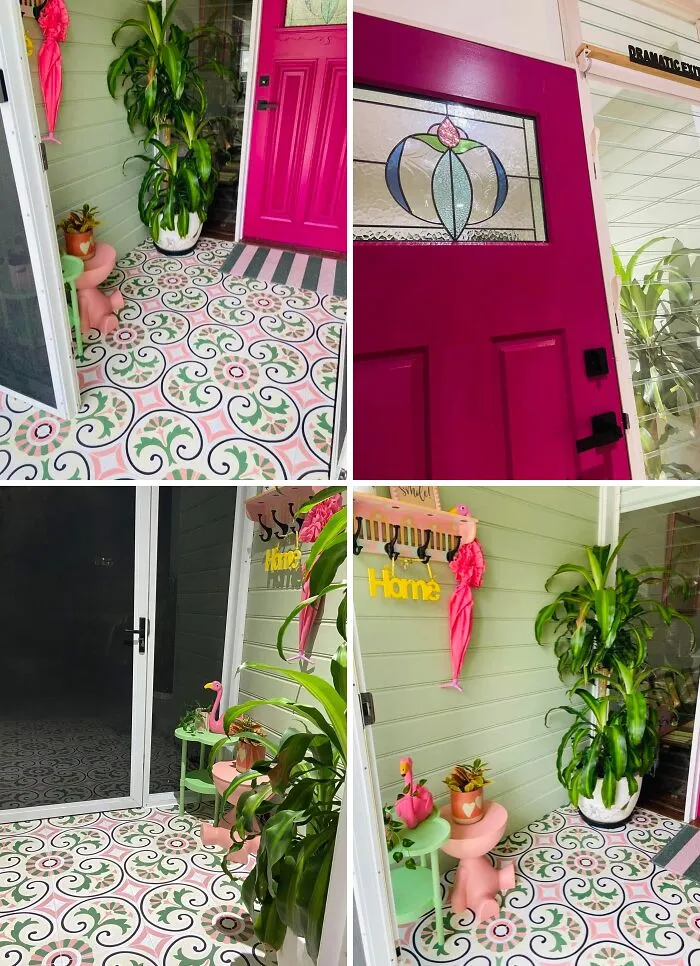Vibrant home porch makeover with patterned floor tiles, green walls, and a bold pink door.