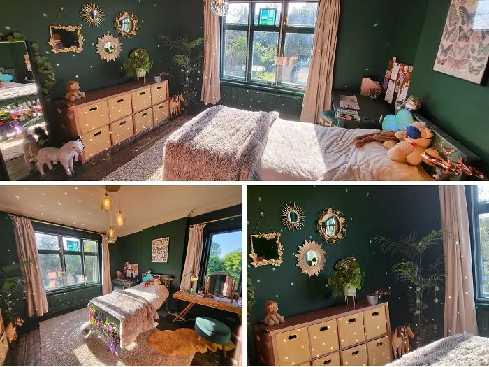 Dark green bedroom makeover featuring gold accent mirrors and cozy decor