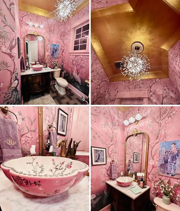 Bathroom home makeover featuring pink floral wallpaper and gold ceiling accents