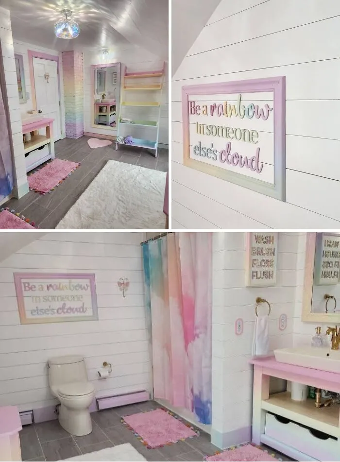 A colorful pastel rainbow bathroom featuring a home makeover with custom artwork.