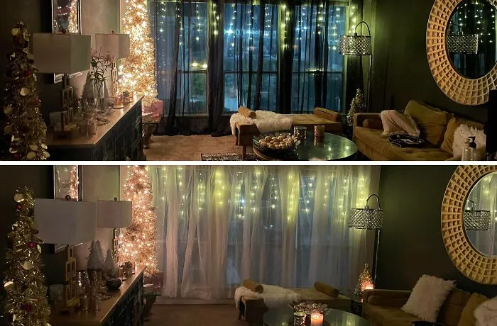 Cozy living room home makeover with warm string lights and stylish decor.