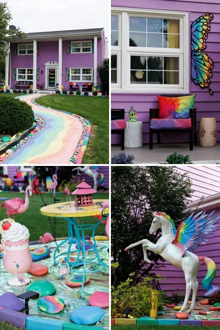 Whimsical purple house exterior with a rainbow walkway and winged unicorn statue after a colorful home makeover.