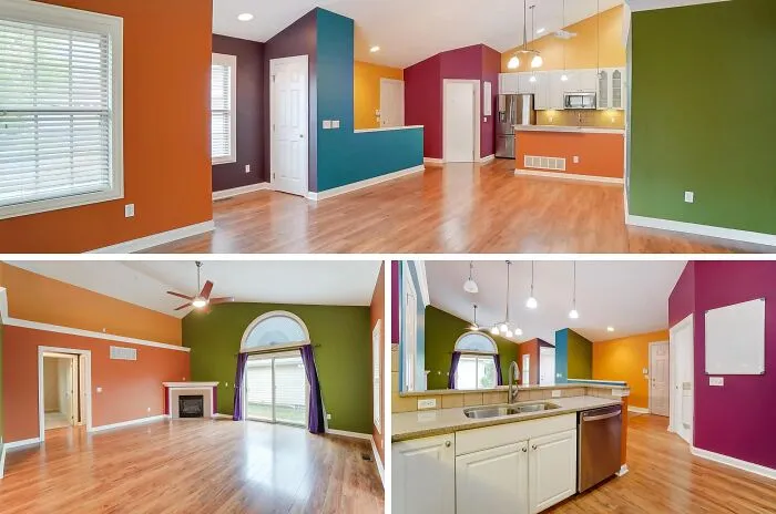 Colorful home makeover showing open living space updated with bright painted walls.