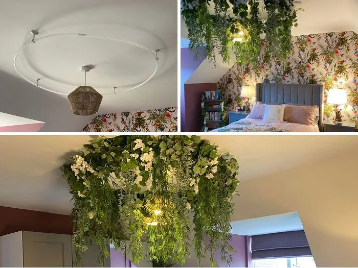 Before and after photos of a bedroom home makeover with hanging ceiling greenery.