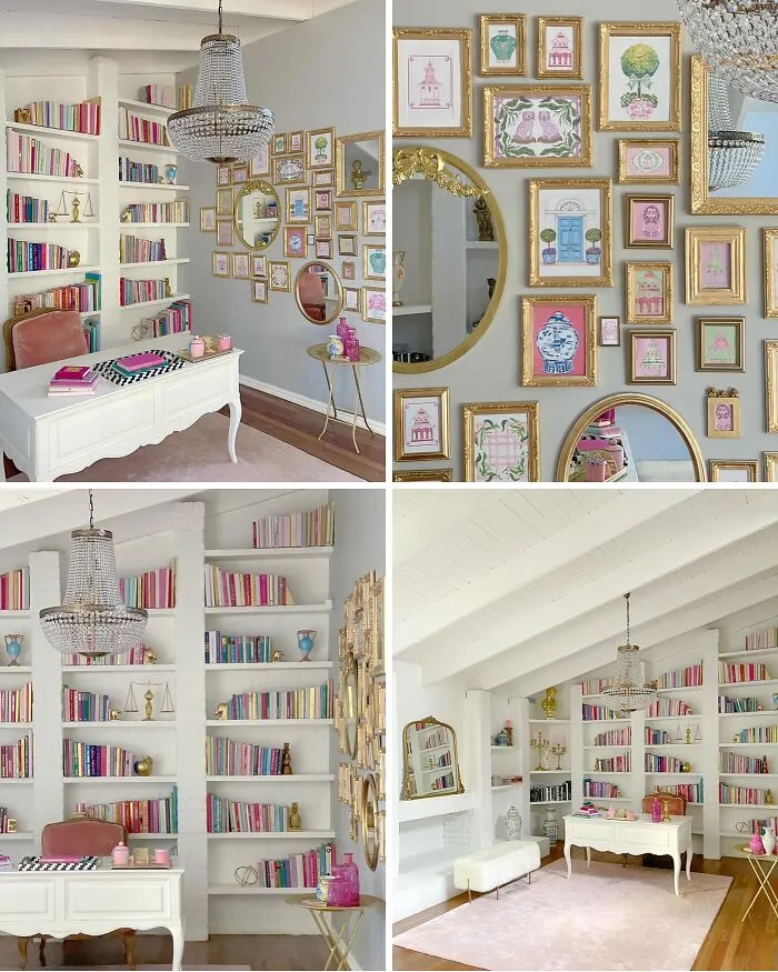 Elegant home makeover of a home office with white bookshelves, pink accents, and gold gallery wall frames