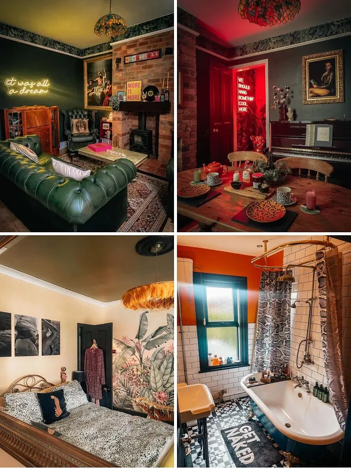Collage of eclectic home makeover spaces including a cozy dark green living room and vintage bathroom