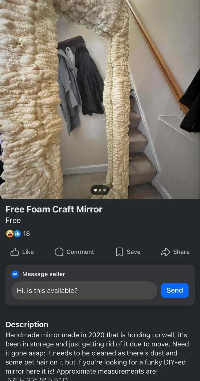 Handmade foam-framed mirror showing a home DIY fail.
