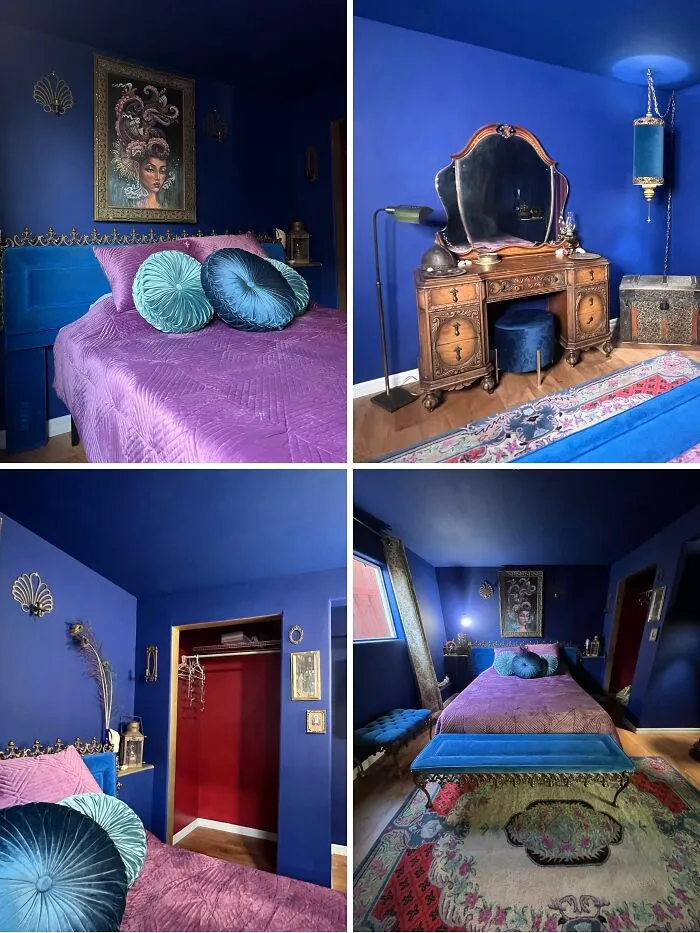Dramatic home makeover collage showcasing a vibrant royal blue bedroom with ornate vintage decor