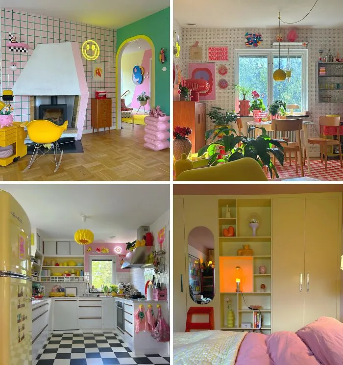 Whimsical home makeover collage featuring vibrant pink, yellow, and green interior decor accents