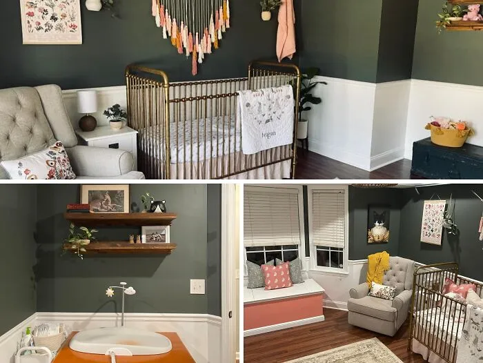 Nursery room home makeover with dark green walls and vintage brass crib