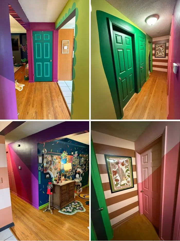 Vibrant colorful hallway with bold painted walls and geometric designs showcasing a fun home makeover.