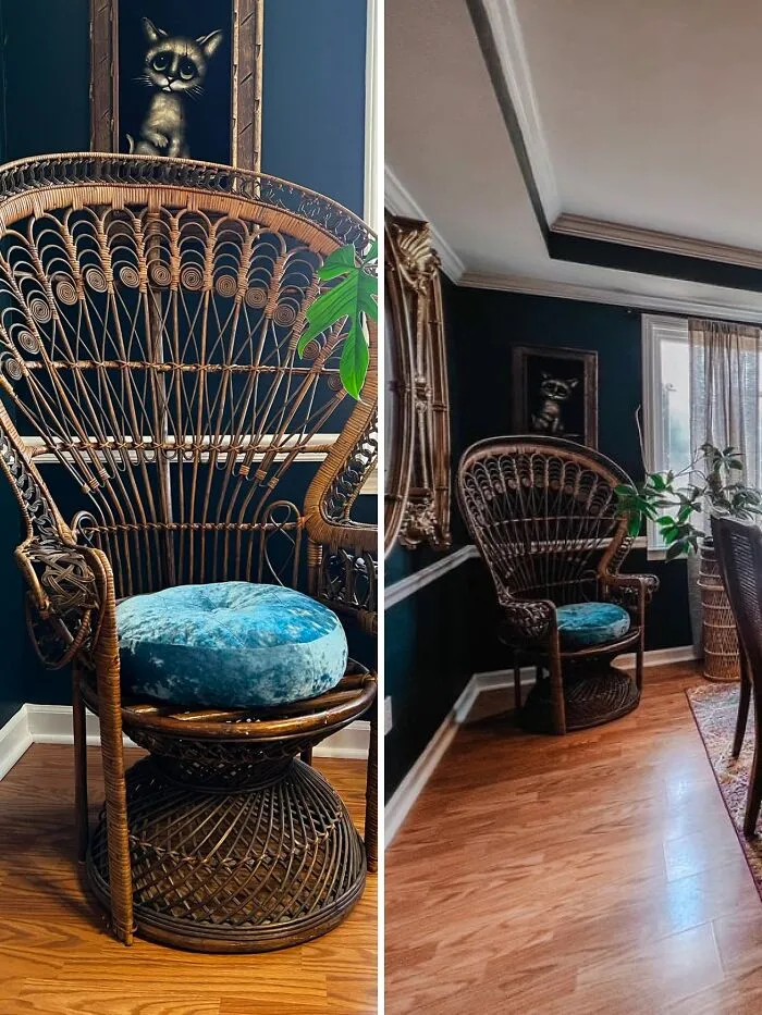 Large ornate peacock chair with a blue cushion placed in a dark moody room during a home makeover.