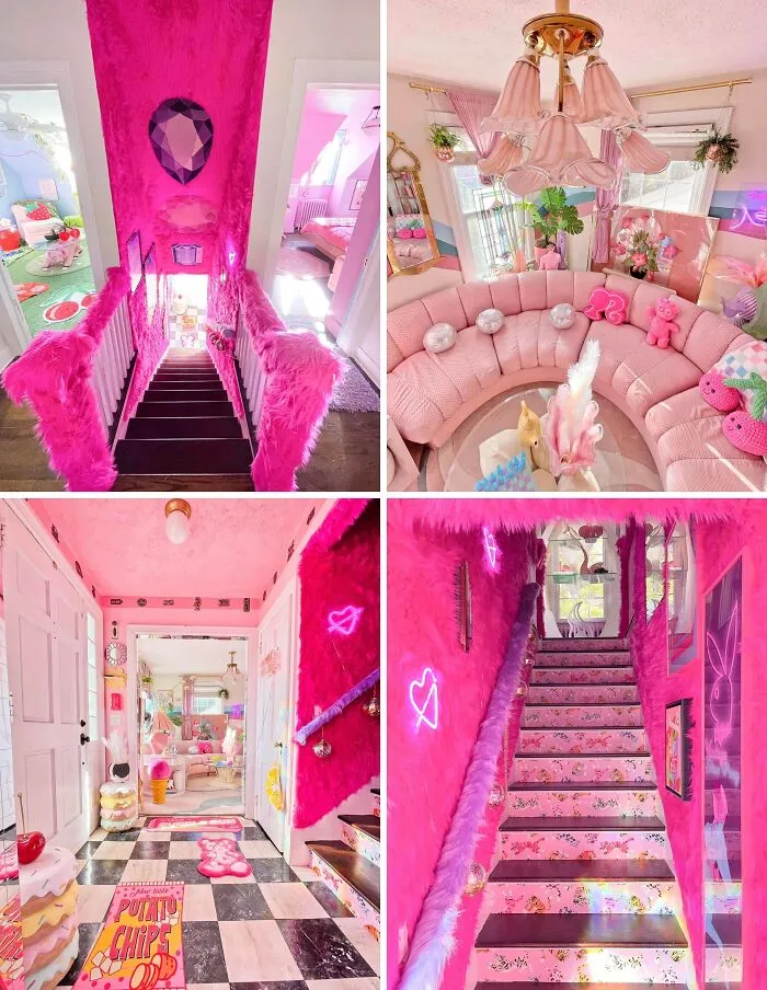 Extravagant pink retro interior design presenting an artistic home makeover result