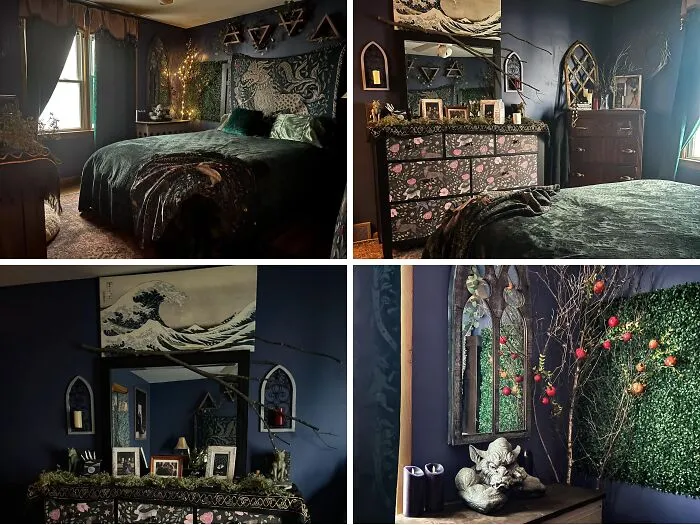 Moody dark bedroom home makeover with gothic mirrors, dark walls, and botanical accents