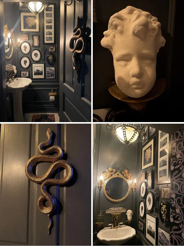 Dramatic dark powder room home makeover with gold snake decor, gallery wall, and vintage lighting