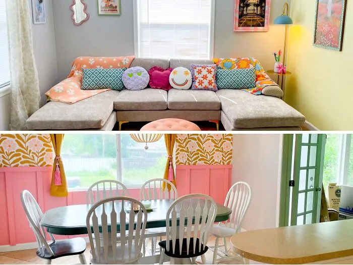 Colorful home makeover split view showing a bright living room and a pink wainscoted dining area