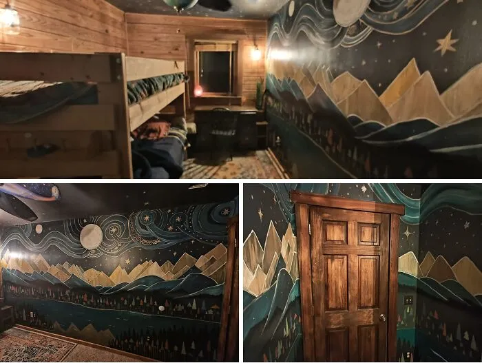Creative bedroom home makeover with a hand-painted mountain landscape and starry night wall mural