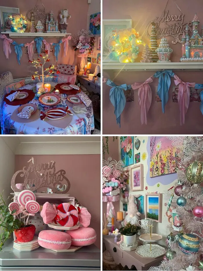 Whimsical pink home makeover with candy-themed Christmas decorations and pastel holiday ornaments.