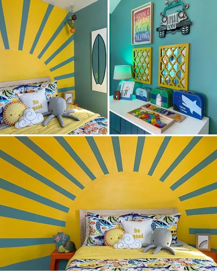 Ocean and sun themed kids bedroom featuring a vibrant yellow sunburst painted wall as a creative home makeover.