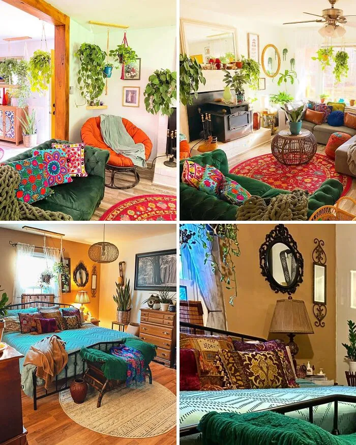 Collage of bohemian living room and bedroom interiors showcasing a creative home makeover with plants and colorful decor.