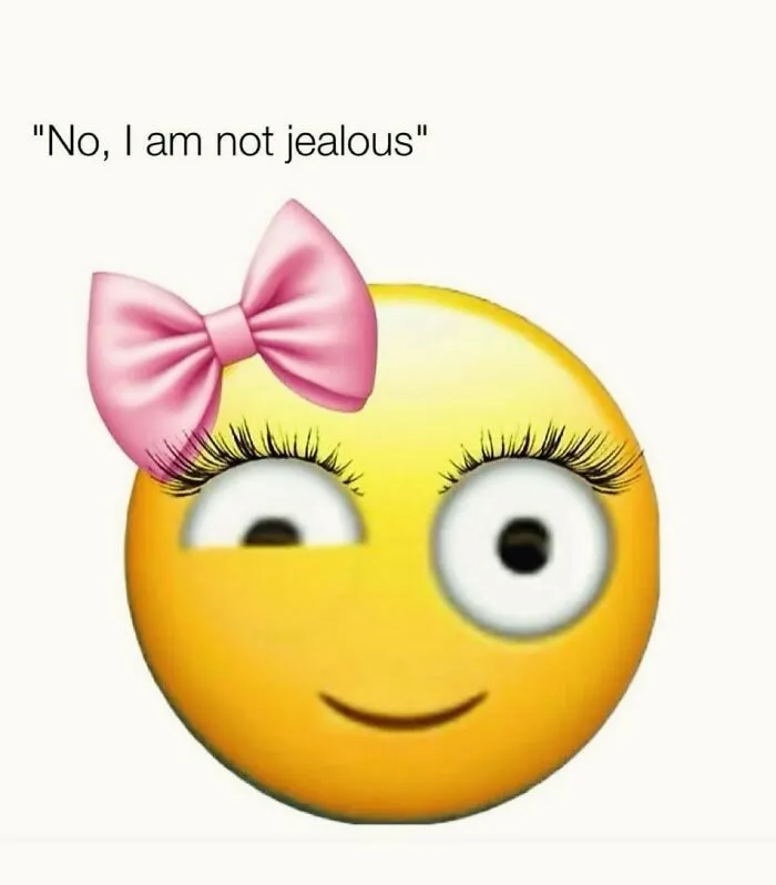 Female meme emoji with pink bow and exaggerated eyelashes denying jealousy