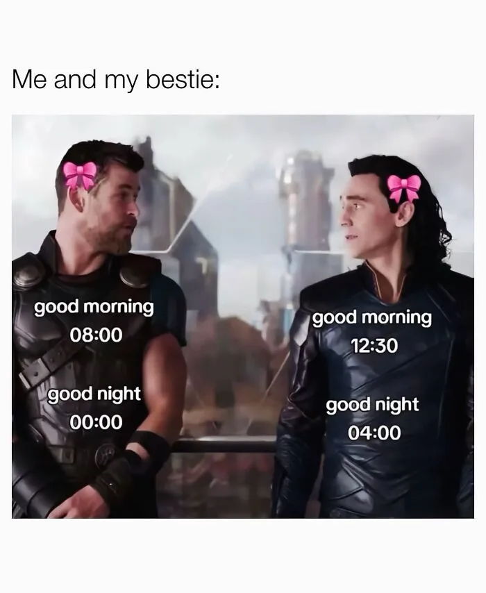 Relatable female meme showing two characters with different good morning and good night times as besties