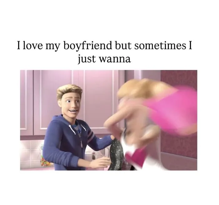 Relatable female meme showing animated woman hitting boyfriend with a frying pan in kitchen