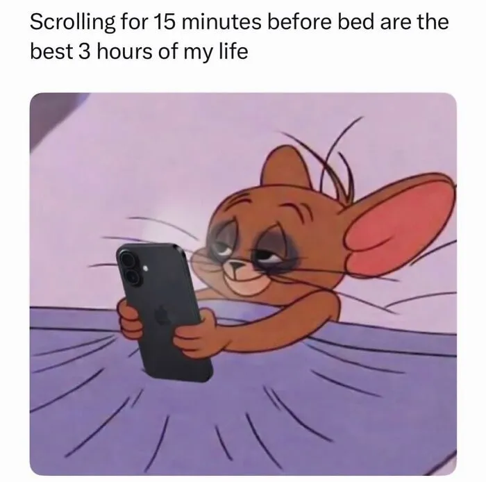 Relatable female meme of cartoon mouse scrolling on phone late at night in bed